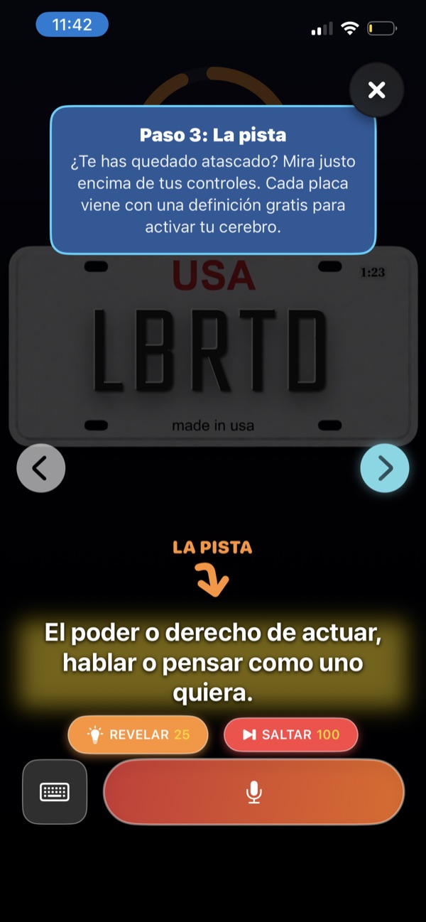 Paso 3 — La pista: una definición gratis en cada placa